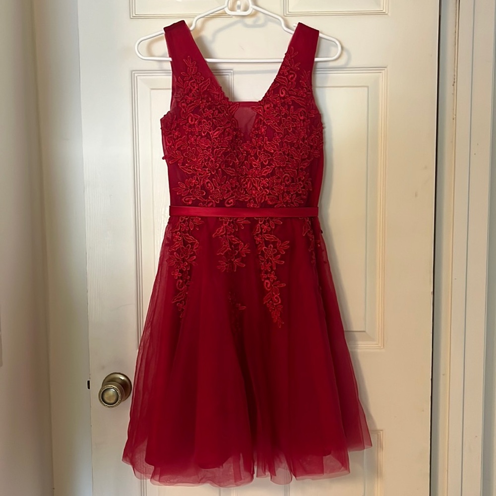 Red tulle and lace dress homecoming prom